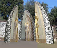 GÉODE 5 - Projet de sculpture de Michel BECKER sur le thème des bories provençales Trois éléments maçonnés en portion de bories et intérieur translucide